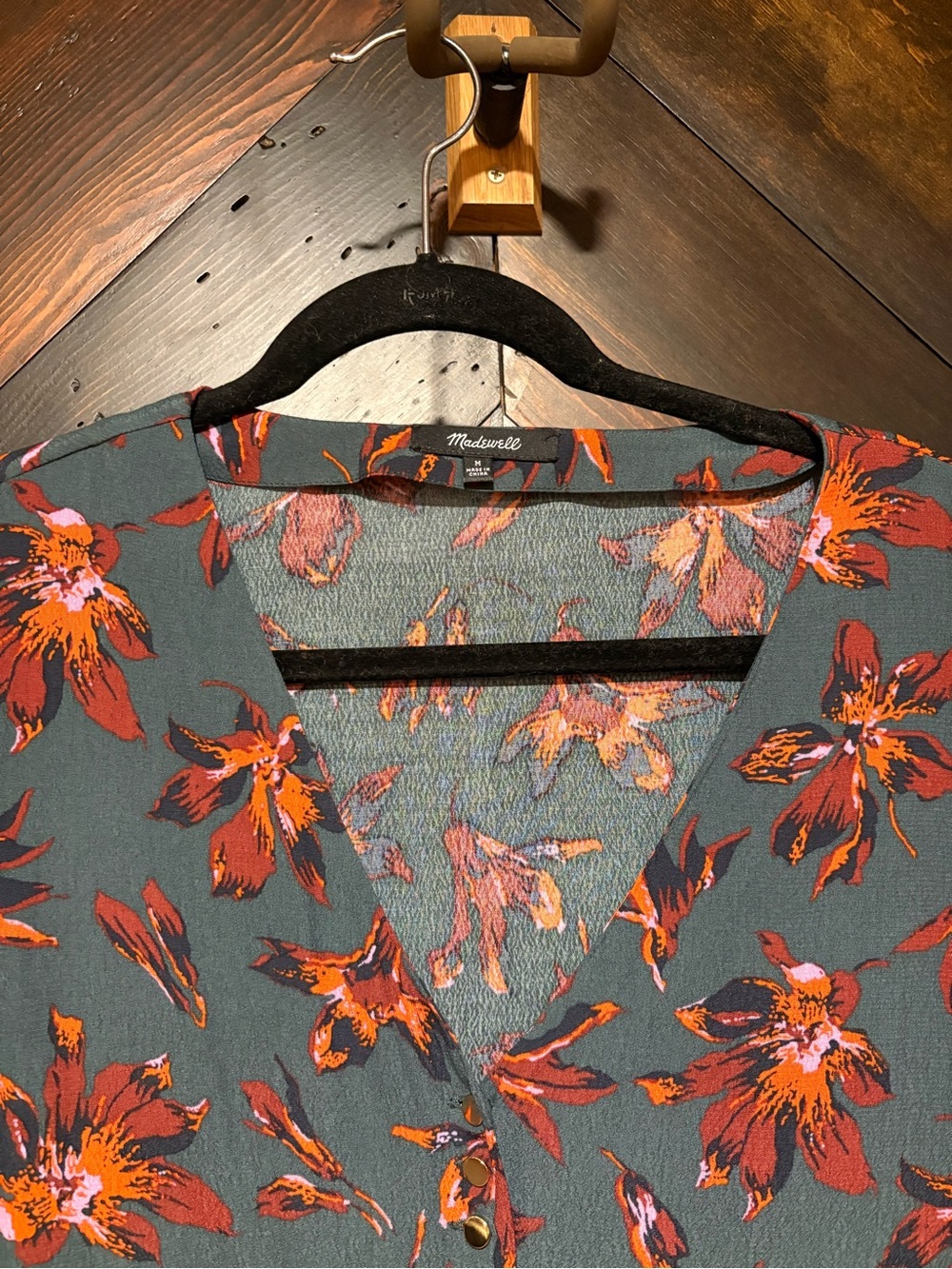 Madewell Teal Floral Long-Sleeve Tunic Dress with Orange Blooms - Picture 2 of 4